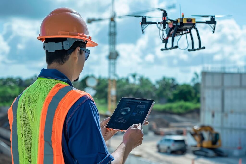 Un trabajador utilizando un dron para revisión y mantenimiento de carreteras.